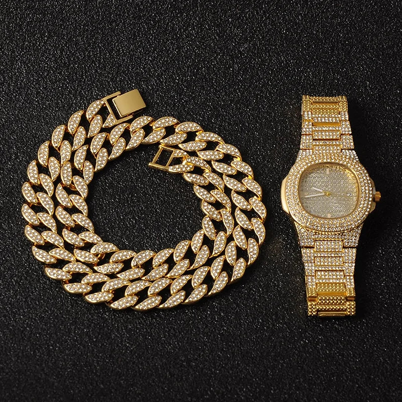 “Iced out” Necklace, Watch and Bracelet