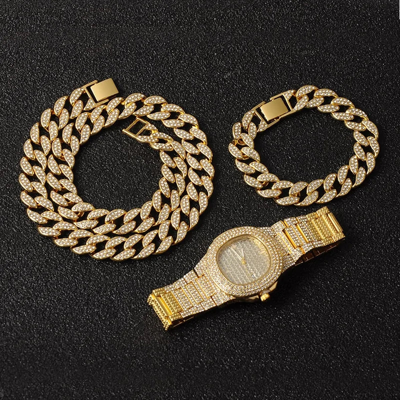 “Iced out” Necklace, Watch and Bracelet