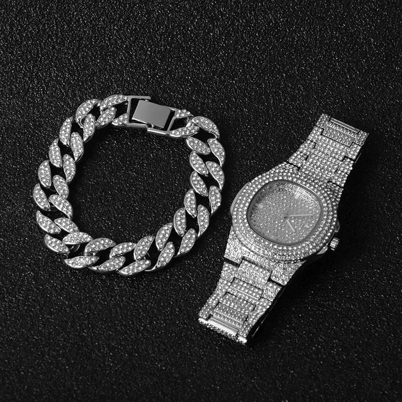 “Iced out” Necklace, Watch and Bracelet