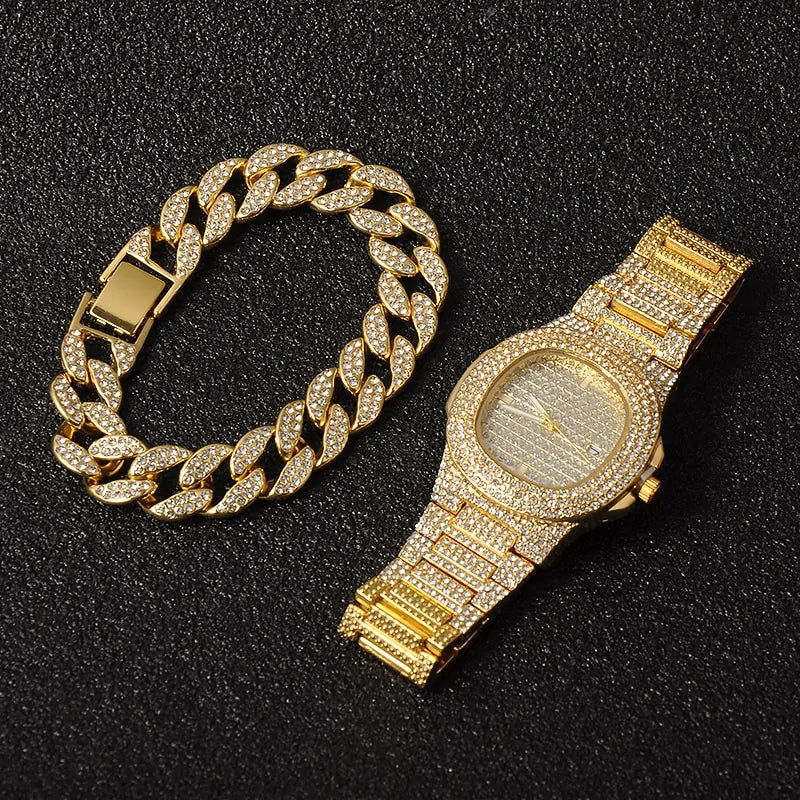 “Iced out” Necklace, Watch and Bracelet