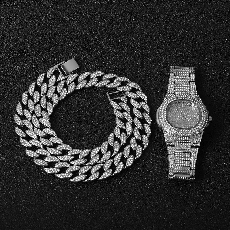 “Iced out” Necklace, Watch and Bracelet