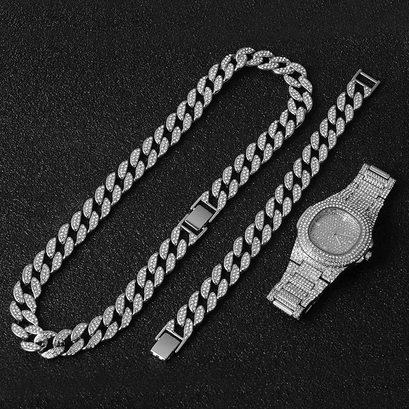 “Iced out” Necklace, Watch and Bracelet